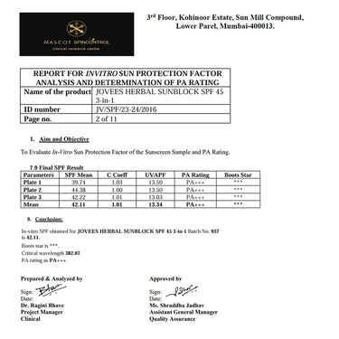 Jovees Herbal Sun Block SPF 45 For Even Toned & Glowing Skin | Suitable For Dry Skin | Sunscreen for UVA/UVB & Blue Light Protection | Lightweight & Non Grassy for Men & Women 50g